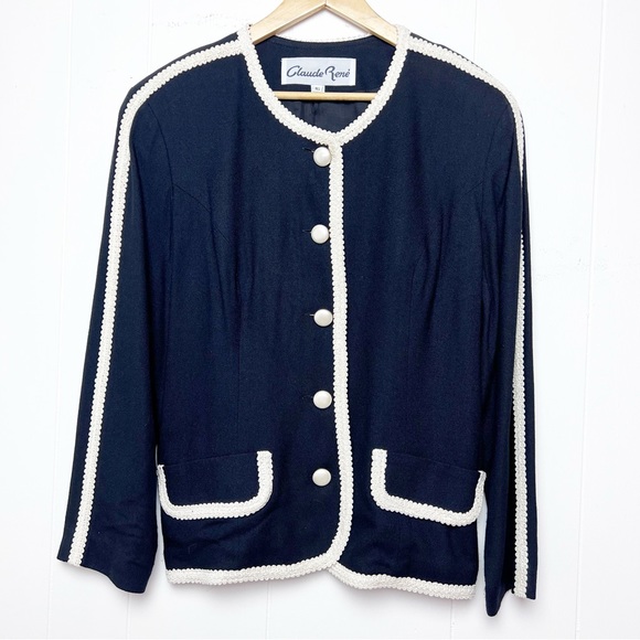 Vintage 80s Black & Cream Braid Pearl Button Cropped Jacket Women’s Size Large - Picture 1 of 12